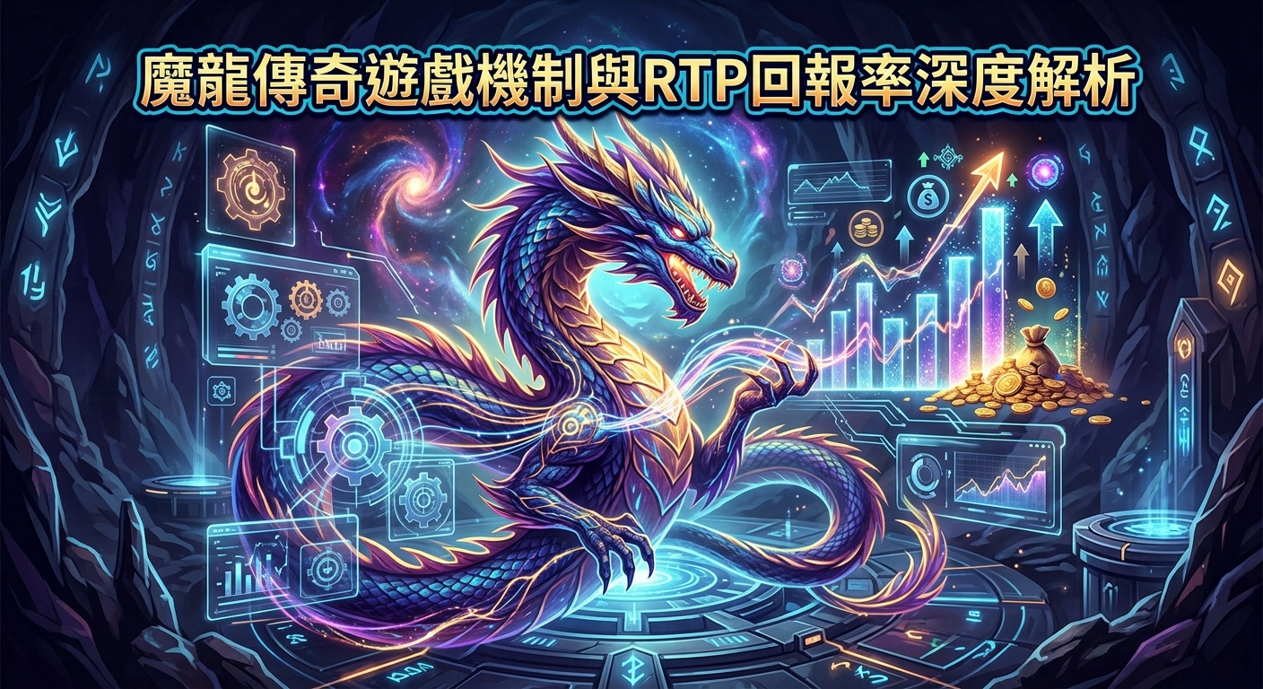 這是一張充滿奇幻與科技感的圖片，畫面中央盤踞著一條散發霓虹光芒的威武魔龍，周圍環繞著象徵遊戲機制的發光齒輪、代表RTP回報率的全息數據圖表與金幣。 圖片正上方醒目地展示著唯一的文字標題「魔龍傳奇遊戲機制與RTP回報率深度解析」，完美契合了針對該遊戲進行專業數據分析的主題氛圍。
