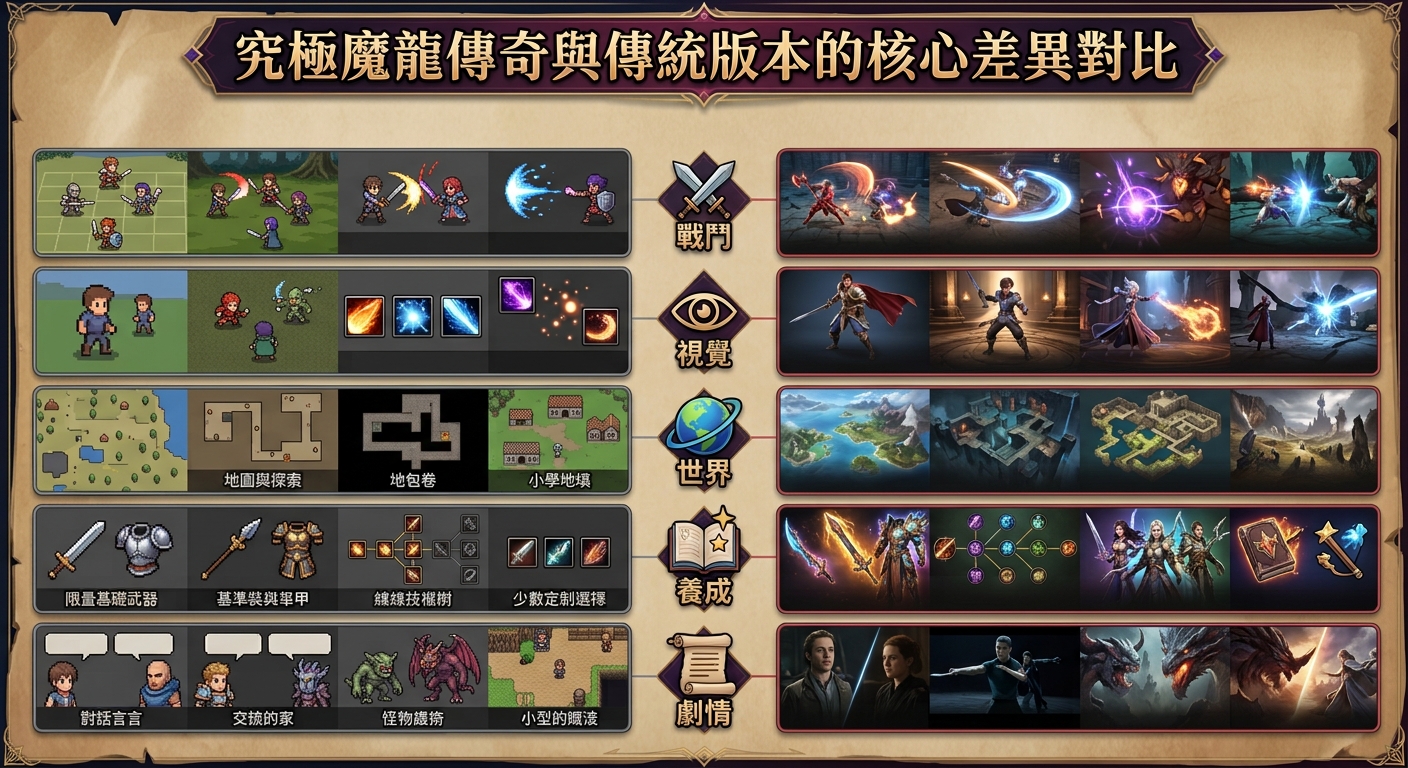 這是一張「究極魔龍傳奇與傳統版本的核心差異對比」圖表，詳細劃分了戰鬥、視覺、世界、養成與劇情五個核心面向。 圖中左側展示了傳統版本簡約的復古像素風格，右側則對比呈現了究極版本精美的高畫質3D場景與華麗特效。