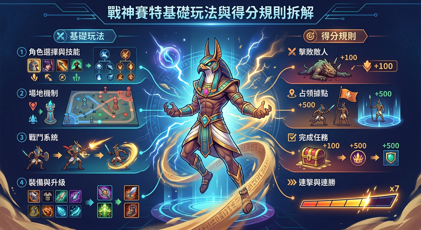 這張圖解以埃及神祇「賽特」為核心,展示了《戰神賽特》的核心遊戲機制與四大基礎玩法流程。 右側詳細拆解得分規則,包含擊敗敵人、佔領據點、完成任務與連擊加成等具體加分方式。