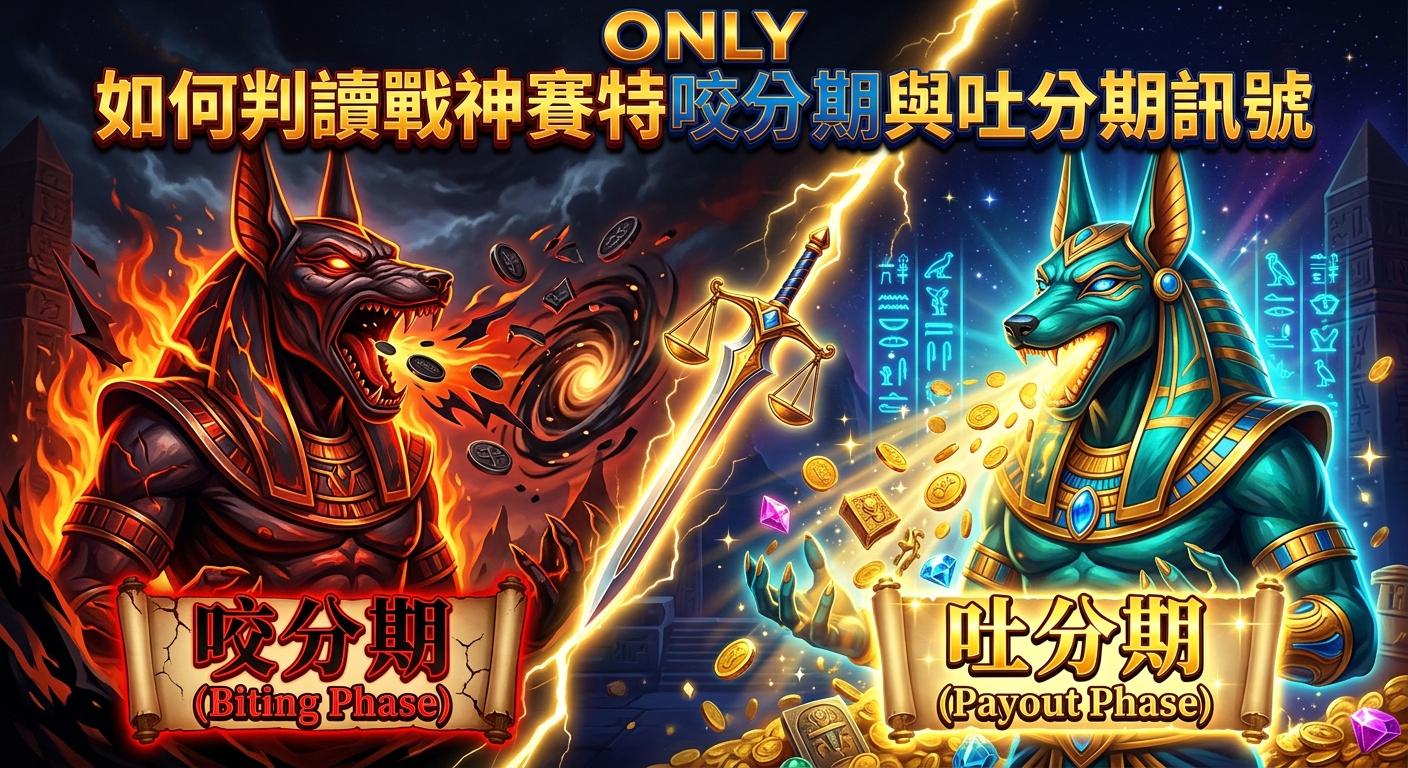 這張圖片展示了埃及神祇賽特(Set)的雙重能量概念,左側為象徵吞噬與危險的紅色火焰「咬分期」,右側為象徵豐收與勝利的璀璨金色「吐分期」。 畫面的中央上方印有標題「如何判讀戰神賽特咬分期與吐分期訊號」,呈現出強烈的史詩級遊戲視覺效果。