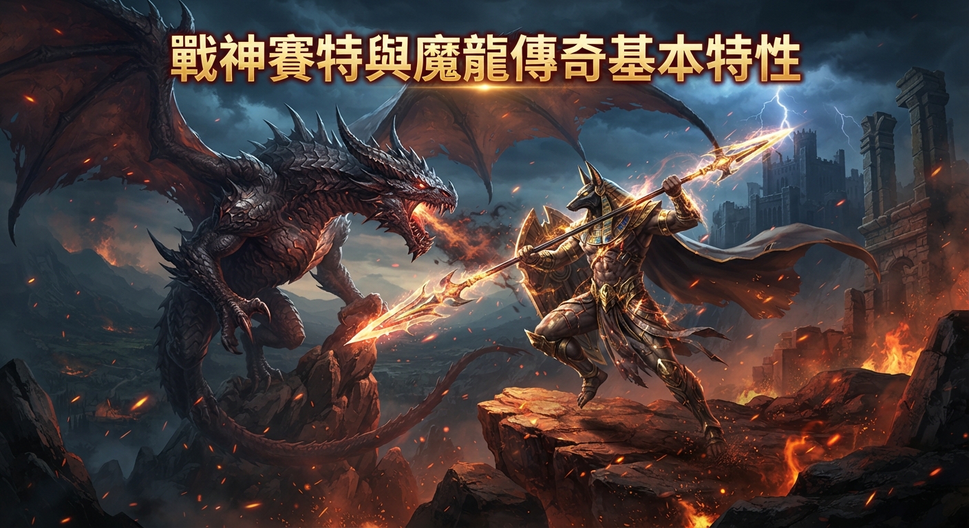 這張圖片展示了古埃及戰神賽特與一隻噴火魔龍在戰場上面對面峙立的史詩場景。 上方清晰地印有主題標題:「戰神賽特與魔龍傳奇基本特性」。