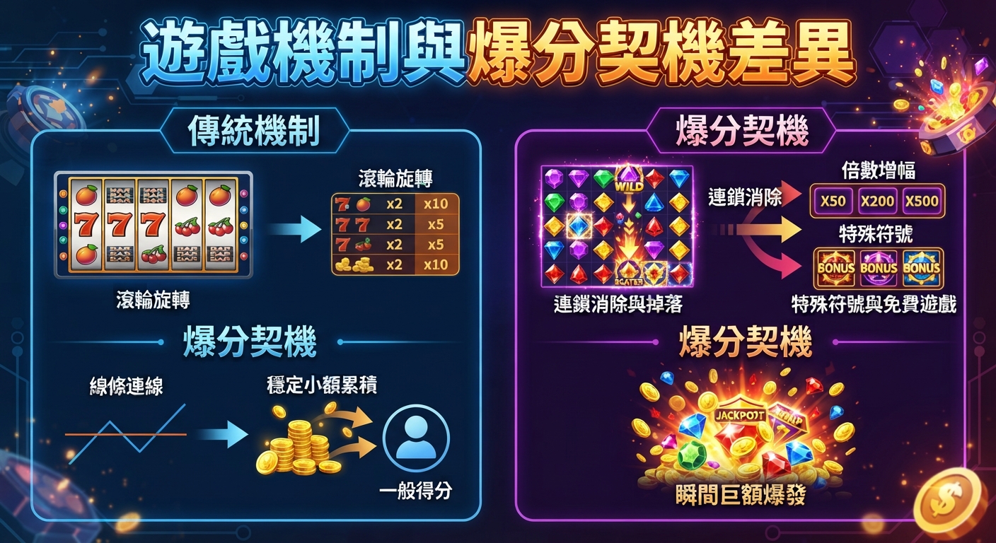 這張圖片對比了傳統遊戲與爆分機的機制與得分契機,左側展示傳統滾輪與線條連線的穩定小額累積。 右側則呈現爆分機的連鎖消除、倍數增幅與特殊符號,實現瞬間巨額爆發。