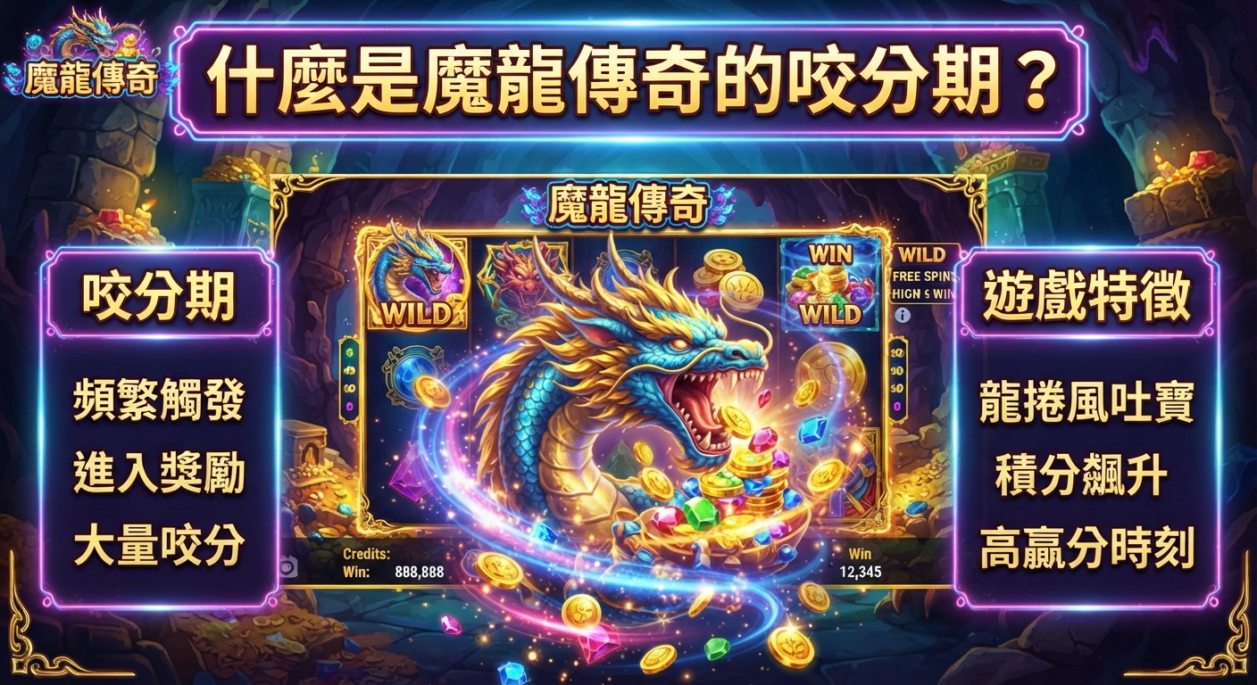 這裡是一張以「什麼是魔龍傳奇的咬分期？」為標題的遊戲主題宣傳圖，畫面中央展示了魔龍傳奇老虎機的介面與寶藏背景。 兩側分別列出了咬分期與遊戲特徵的相關說明文字與區塊。