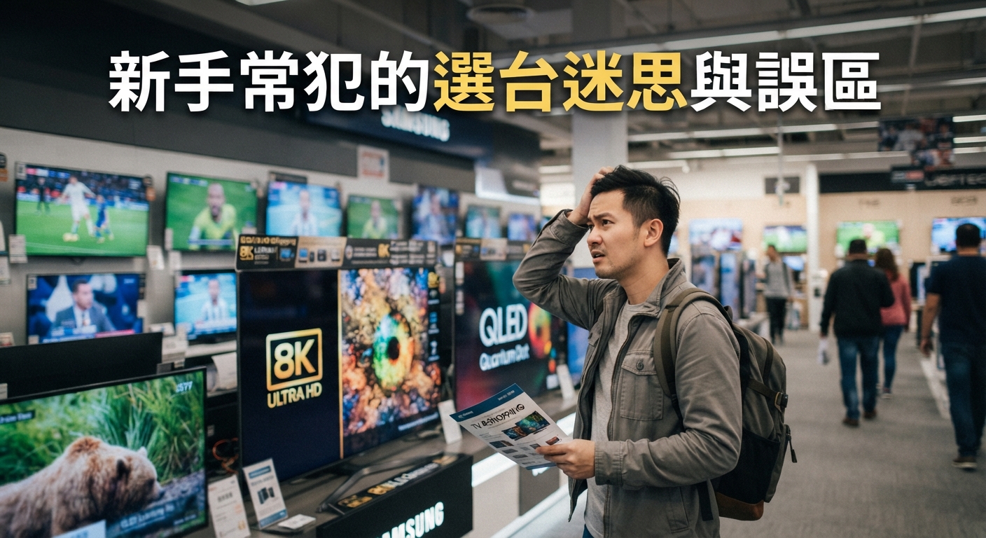 這是一張關於新手在賣場挑選電視時感到困惑的場景。 圖片上方醒目地標示著「新手常犯的選台迷思與誤區」標題。