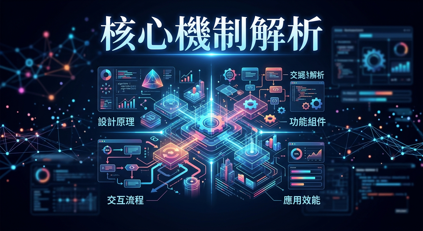 這張圖片採用現代科技風格的深色背景,中央展示著如晶片與電路連線般複雜的系統架構圖形。 上方標有亮藍色發光的「核心機制解析」標題,傳達出對系統內部運作原理進行深度剖析的專業視覺感。