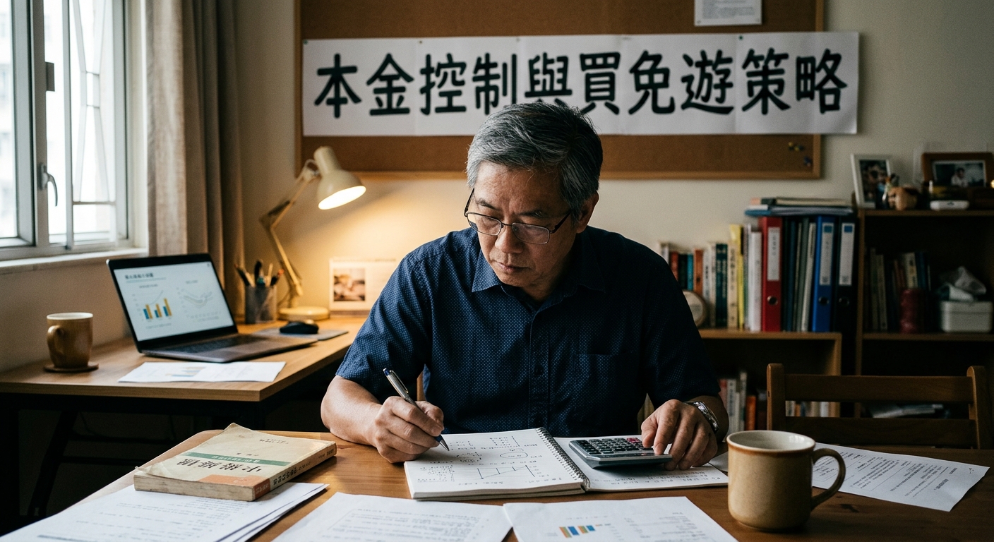 這張圖片展示了一位男士在書桌前專注地進行財務計算與分析,桌上記錄著各類數據與圖表。 背景牆上懸掛著醒目的標語「本金控制與買免遊策略」,凸顯了理性規劃與策略管理的主題。