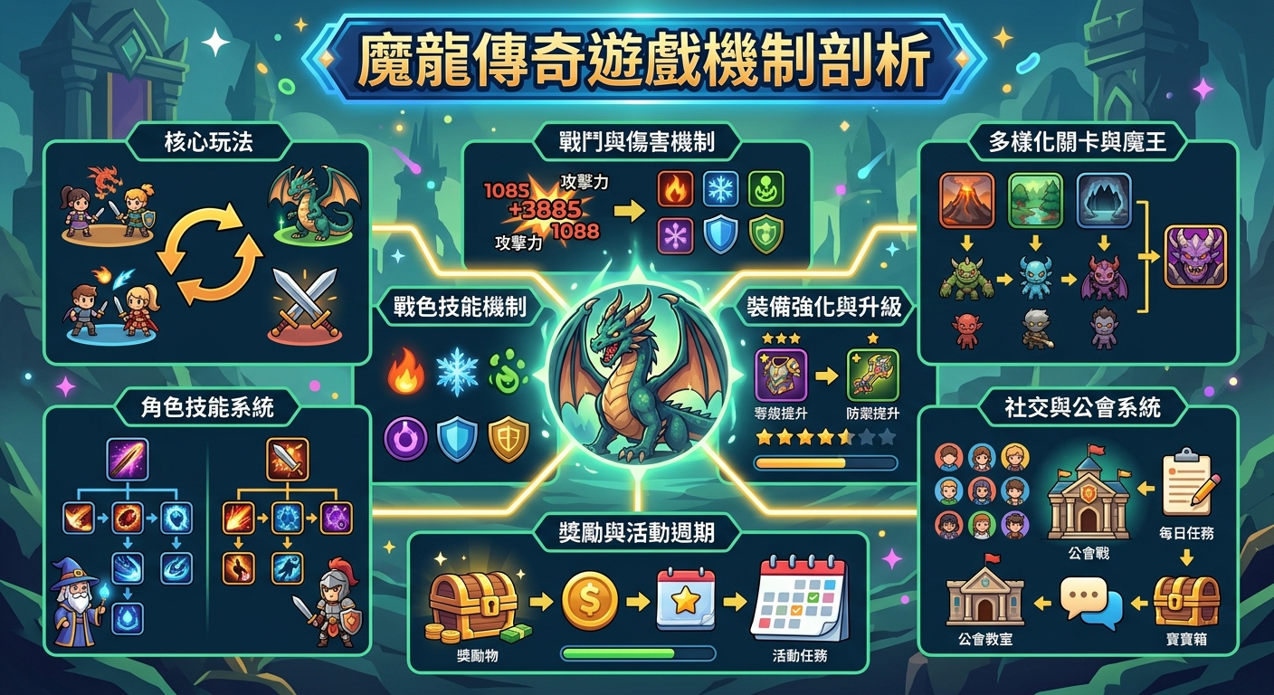 這張圖解以暗色調和可愛卡通風格，詳細展示了《魔龍傳奇》的核心玩法與技能系統。 畫面中央為隻綠色魔龍，四周連結著戰鬥機制、裝備升級、關卡魔王及公會社交等多個主題區塊。