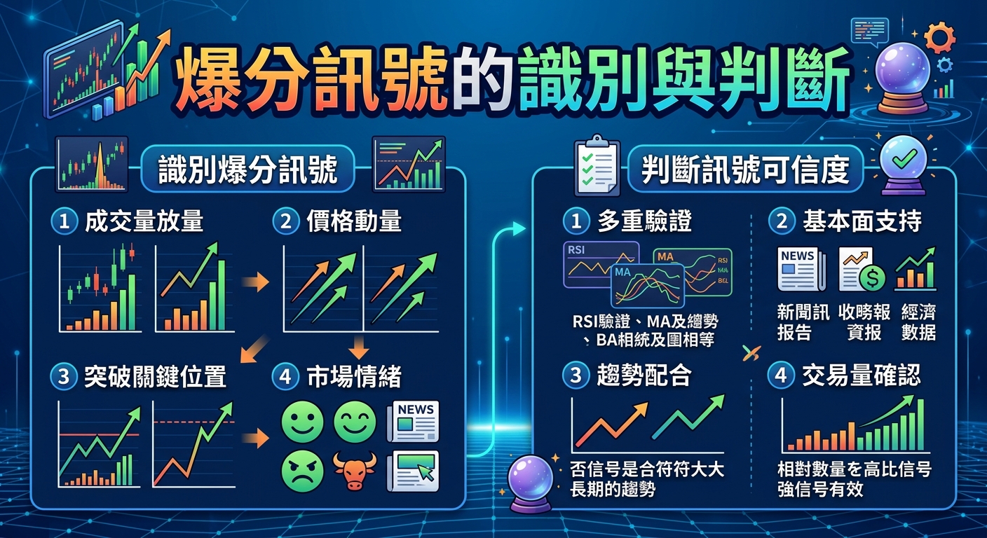 這張圖片展示了一份包含圖表與數據的分析圖解，呈現識別與判斷爆分訊號的詳細步驟與重點。 背景採用充滿科技感的深藍色調，配合亮眼的標題與各類圖示，整體設計清晰且極具專業感。